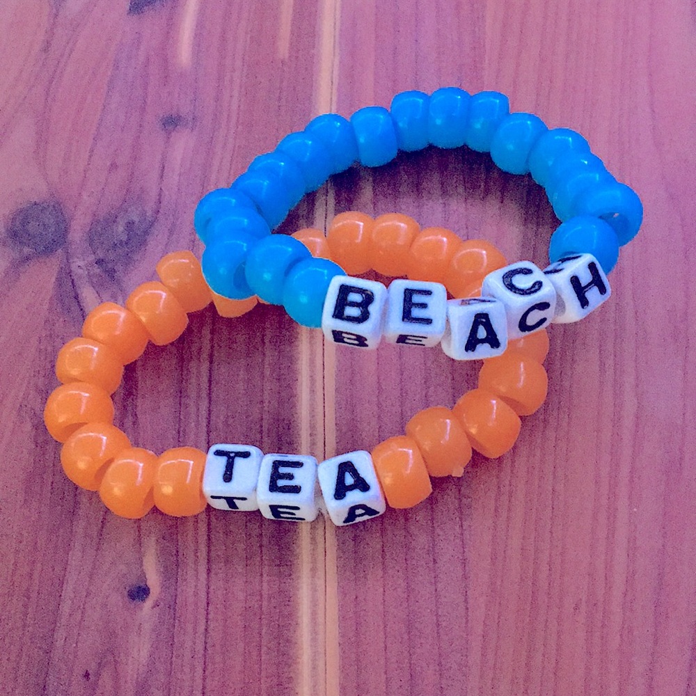 "Beach" and "Tea" bead bracelets
